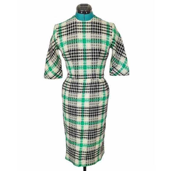1950s/1960s Cocktail Wiggle Dress XS Vintage Petite Green Retro Tweed Wool - Picture 7 of 7